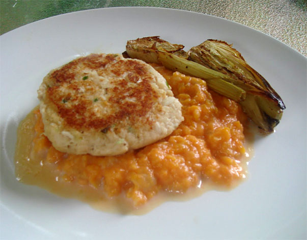 Cod Cakes with Mashed Sweet Potato and Roasted Fennel by chowandchatter.com