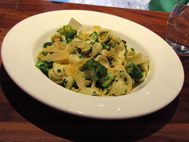 orecchiette pasta with broccoli, corn, peas and pecorino