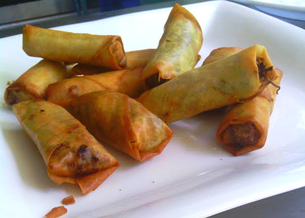 Pork and macadamia sate spring rolls