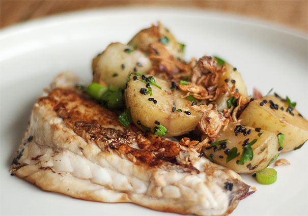  Spicy barramundi with Asian style potato salad