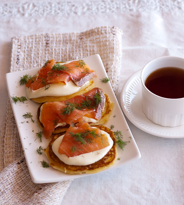 Pancakes with Salmon, dill and Sour Cream