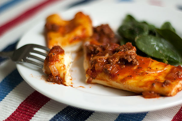 Spinach and Ricotta Manicotti with Meat Sauce