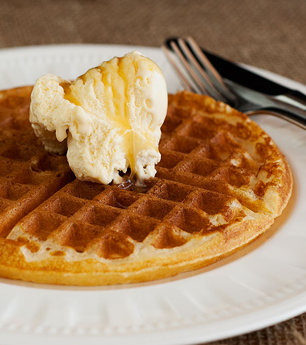 Waffle with Vanilla Ice Cream and Maple Syrup