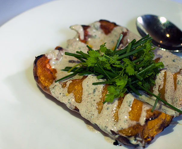 baked pumpkin with yoghurt and garam masala sauce