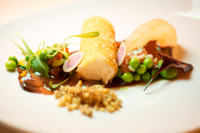 Goats cheese croquettes with nashi pear, walnuts and baby radish