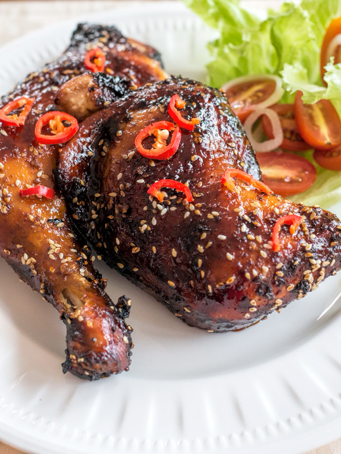 Baked chicken maryland with a soy, ginger and honey sauce.