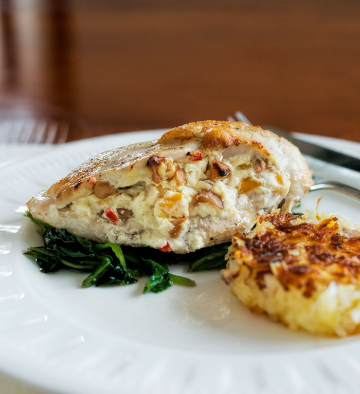 Mango and macadamia nut stuffed chicken